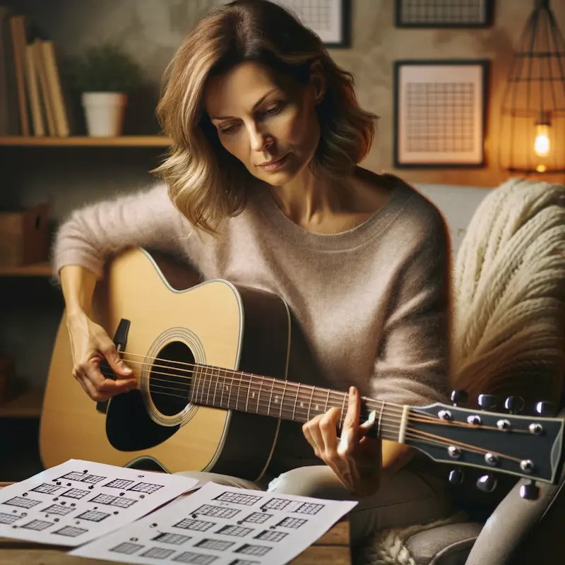 woman playing guitar reading open tuning guitar charts