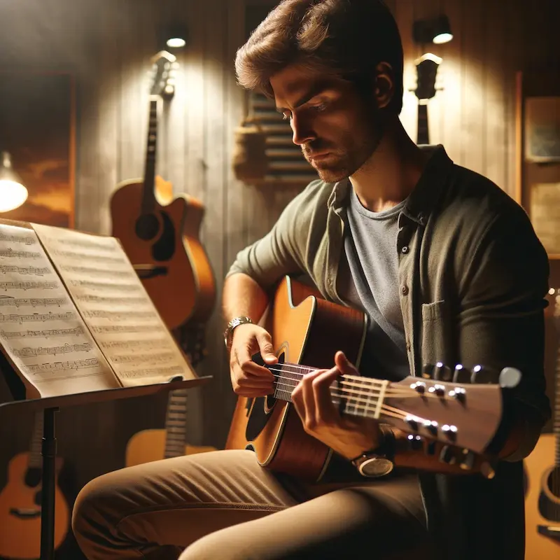 guitar player playing guitar in guitar room at home