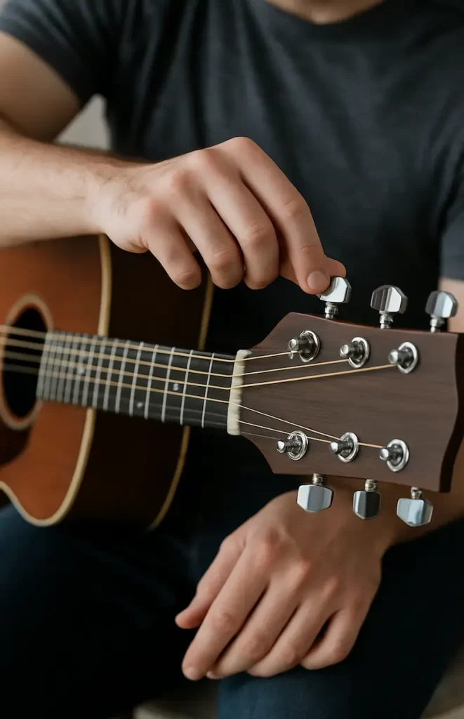 guitar player changing his tuning to dadgad tuning