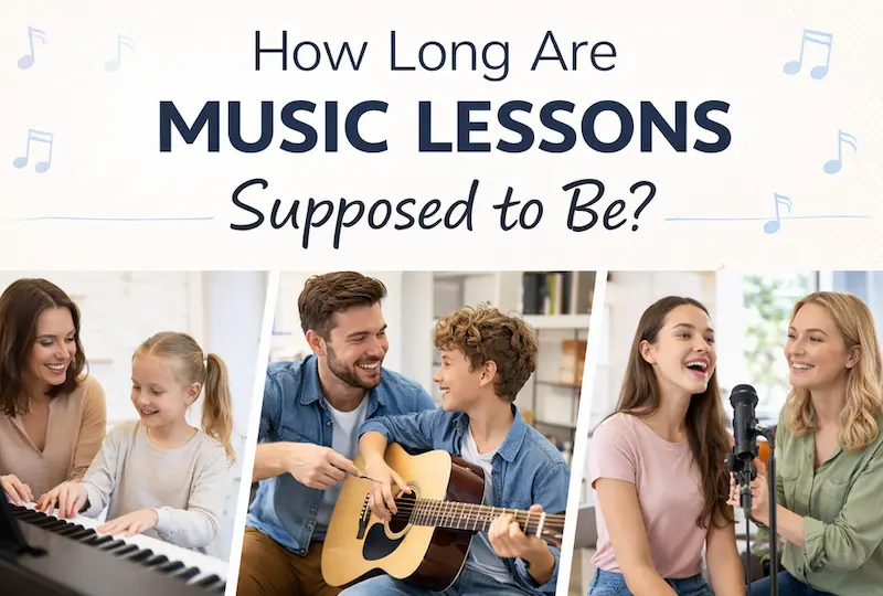 various students taking lessons on piano guitar, and vocals indoors