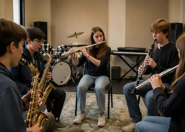 Woodwind camp students playing flute, clarinet, and saxophone together in a group classroom