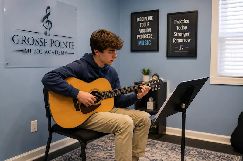 Student developing music lesson progress speed during acoustic guitar practice at Grosse Pointe Music Academy