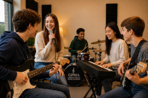 Students playing music with other people during a group rehearsal at Grosse Pointe Music Academy